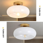 Mid-Century Modern Gold Semi Flush Mount Ceiling Light, Kitchen Ceiling Light Fixture with Glass Shade, Vintage White Close to Ceiling Lamp for Entryway Hallway Bathroom (11.0 Inch)