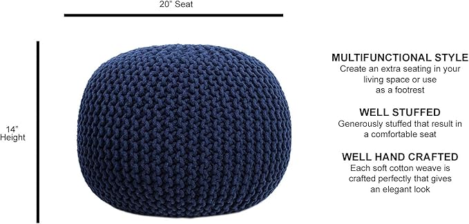 FRELISH DECOR Round Pouf Ottoman Hand Knitted 100% Cotton Pouf Foot Stool - Knitted Bean Bag - Floor Chair for Living Room Bedroom - Foot Rest for Couch (20 Diameter x 14 Height) - Navy