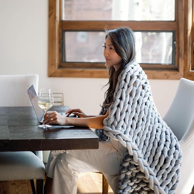 Nuzzie Chunky Knit Weighted Blanket - Breathable, Cooling, Hand Made Knit Throw Blanket for Sleep - Machine Washable, Stylish Decor Design (Misty Grey, Queen | 22lbs | 60"x80")