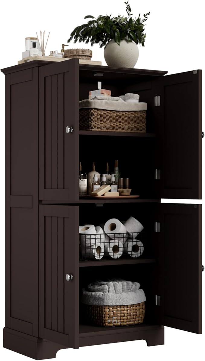 ChooChoo Bathroom Floor Cabinet, Modern Bathroom Storage Cabinet with 4 Doors and Adjustable Shelves, Freestanding Cupboard for Living Room, Espresso