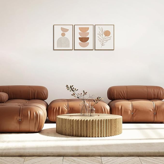 Bwodke Framed Boho Canvas Wall Art Mid Century Modern Prints Set of 3 Neutral Geometric Line Leaf Paintings Decor Minimalist Abstract Pictures Bedroom Living Room Bathroom