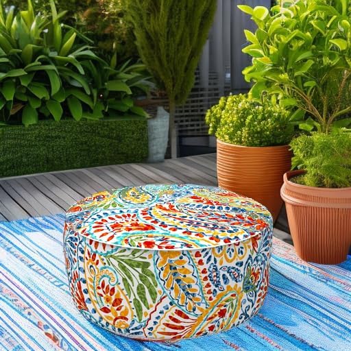 LVTXIII Indoor/Outdoor Inflatable Ottoman, All Weather Round Footrest Stool D21”x H9”, Portable for Patio Garden Camping or Home-Paisley Ummi Multi