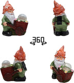 Solar Garden Gnome Statue with Crackle Glass Globe Lights, Waterproof Outdoor Decor for Patio, Lawn, or Yard, Whimsical Housewarming Gift(Green Gnomes)