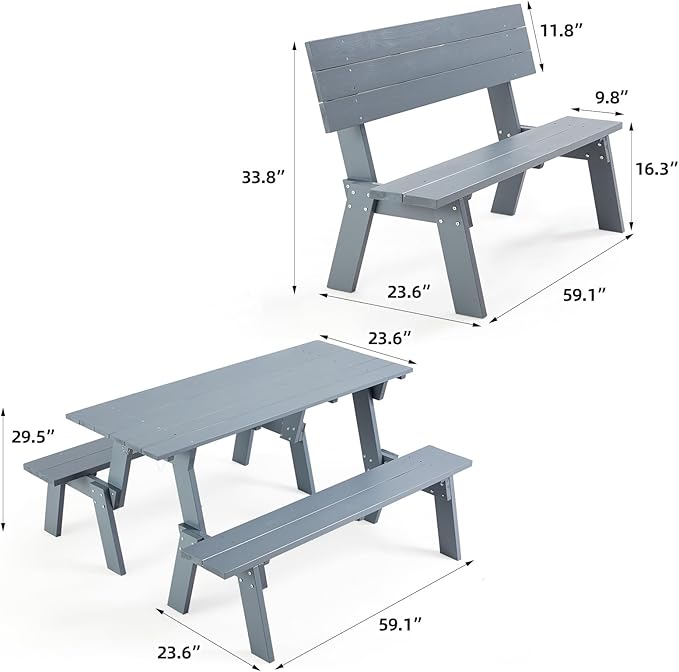 AVAWING Outdoor Convertible Wood Bench with Backrest, Patio Wood Convert a Bench, Space-Saving 2-in-1 Picnic Table Chairs Set for Backyard, Porch, Patio, Garden, Grey