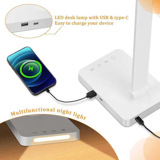 Dott Arts LED Desk Lamp with USB Ports, Touch Control, 5 Color Modes, 3 Brightness Levels, Foldable Design, White