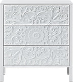 White 3 Drawer Dresser, Wide Chest of Drawers with Storage, Accent Nightstand Cabinet Luxury Carving Dresser for Bedroom Hallway Living Room Entryway Office (1, White)