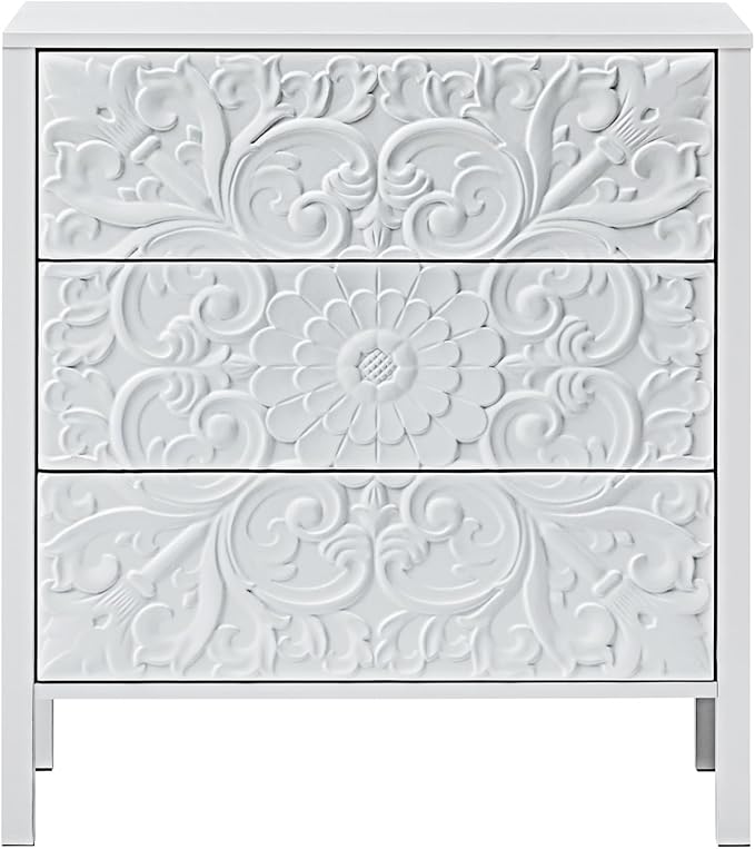 White 3 Drawer Dresser, Wide Chest of Drawers with Storage, Accent Nightstand Cabinet Luxury Carving Dresser for Bedroom Hallway Living Room Entryway Office (1, White)