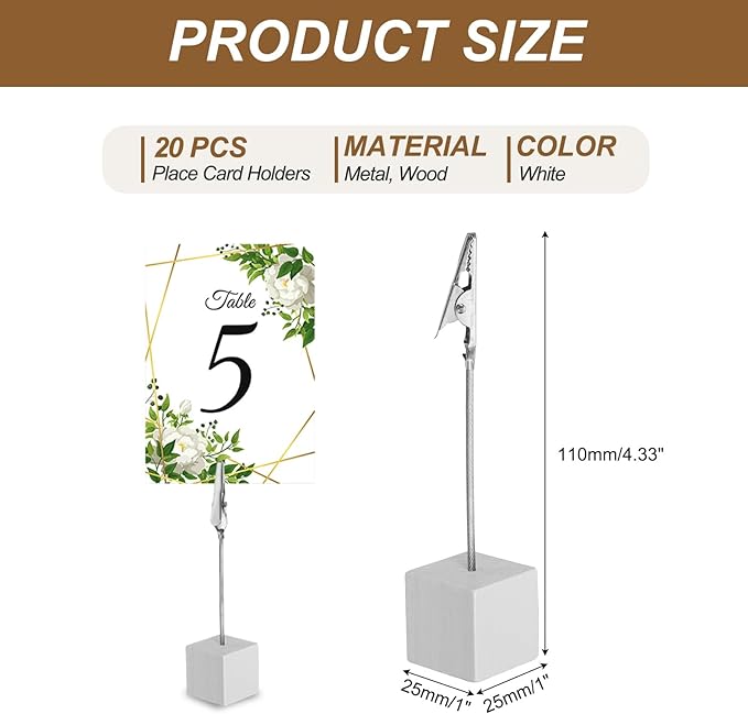 PATIKIL Place Card Holder, 20Pcs Memo Clip Holder Stand with Alligator Clasp Table Number Holders Wooden Base for Pictures Note Card Paper, White