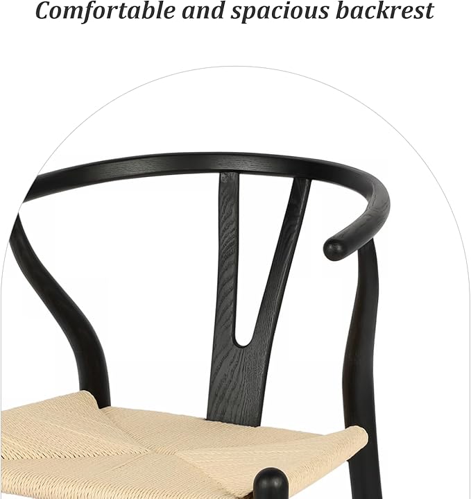 Wishbone Chair Natural Solid Wood Dining Chair/Hans Vegner Y Chair Rattan and Wood Accent Armrest Chairs Set of 2 (Ash Wood - Black + Natural Cord 2 Chairs)