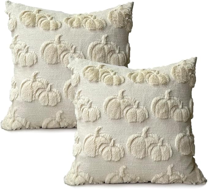 Booque Valley Fall Decorative Pillow Covers Set of 2 Soft Plush Faux Fur Wool Pumpkin Throw Pillowcases for Autumn Halloween Farmhouse Home Decor, 18 x 18 inch, Beige