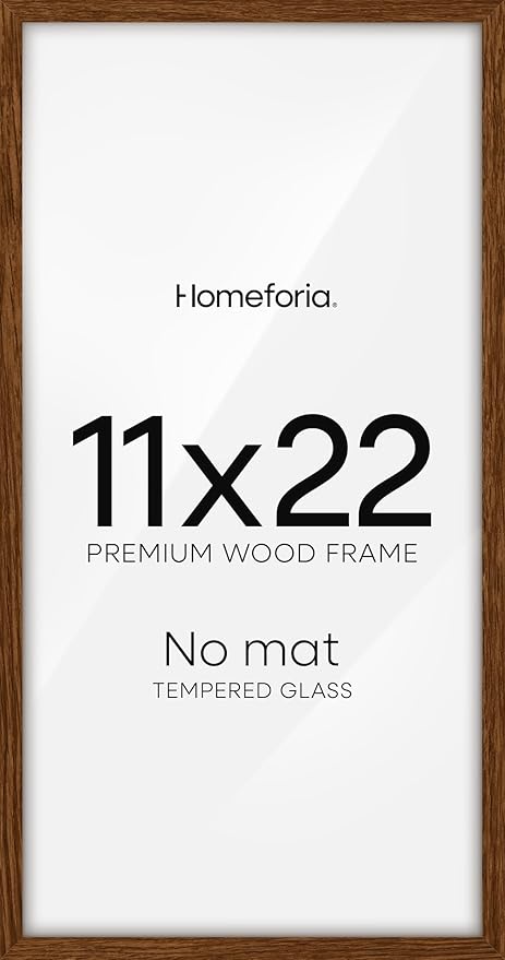 Homeforia 11x22 Newspaper Frame Brown, High End Dark Oak 11 x 22 Picture Frame Wood without Mat, 22x11 Wooden Walnut Poster Frames for Wall, 11 by 22 Display Frames, Tempered Glass, Wall Kit, Set of 1
