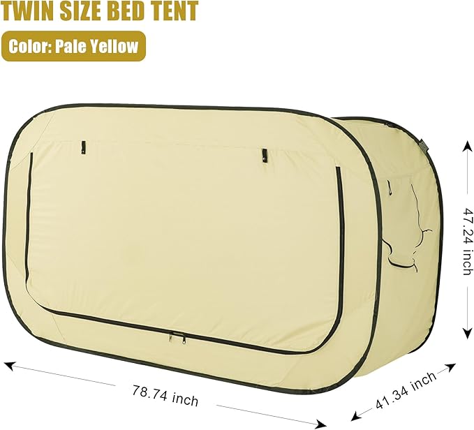 Bed Tent Twin Bed Canopy Portable Dream Tent for Adult Indoor Sleeping Tents with 2 Doors Breathable Private Space Tents, Pale Yellow