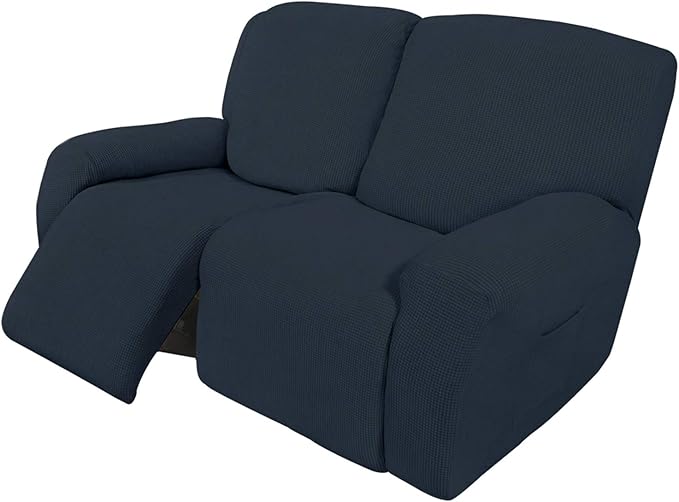 Easy-Going 6 Pieces Recliner Loveseat Stretch Sofa Slipcover Sofa Cover Furniture Protector Couch Soft with Elastic Bottom Kids, Spandex Jacquard Fabric Small Checks Dark Blue