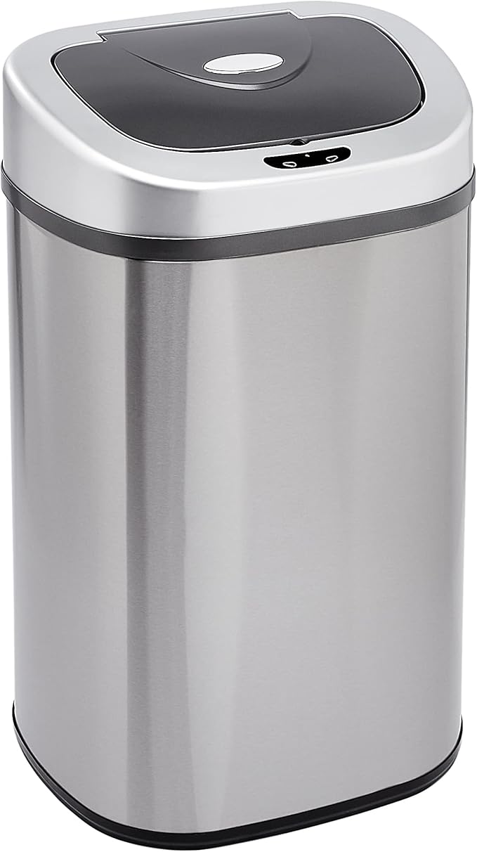 Amazon Basics Automatic Trash Can with Lid, Hands-Free, Stainless Steel, D-Shaped 80 l, 2 Bins