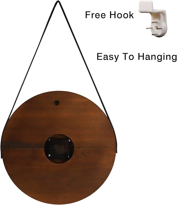Kesin Wall Clock 10 Inch Silent Wooden Wall Clock Battery Operated Hand Made Retro Fashion Clock with Rope Hanging Decorative for Living Room,Kitchen,Bedroom,Office