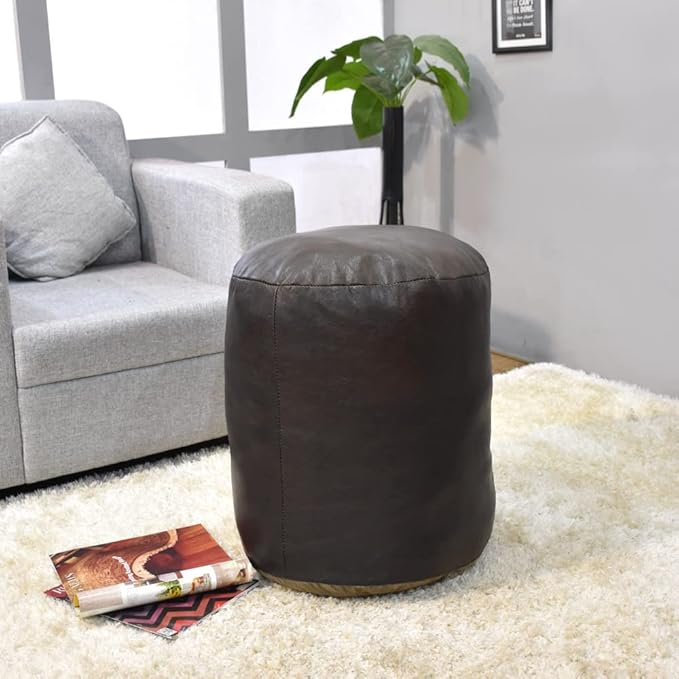 Round Shaped Goat Leather Handmade Eco-Friendly Chocolate Brown Pouf - 18" x 18" x 18", Plain Solid, Recycled Cotton Filled Stuffed, PF12