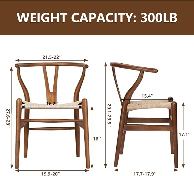Wishbone Chair Natural Solid Wood Dining Chair/Hans Vegner Y Chair Rattan and Wood Accent Armrest Chairs Set of 4 (Ash Wood - Walnut)