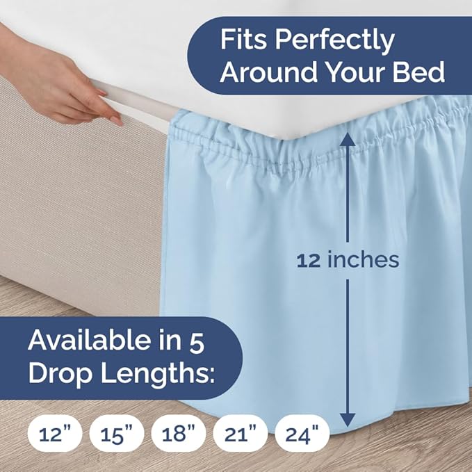 Wrap Around Dust Ruffle Bed Skirt - Light Blue - for King Size Beds with 12 Inch Drop - Elastic Strap - Adjustable Pleated Bedskirt with Brushed Fabric and Wrinkle Free - for Women, Men, Kids & Teens