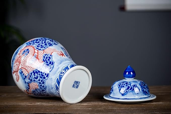Chinese Ceramic Jar Ginger Jars with Lids for Home Décor Hand Painted Dragon Blue and White Porcelain Underglazed Red Vase Ornaments from Jingdezhen