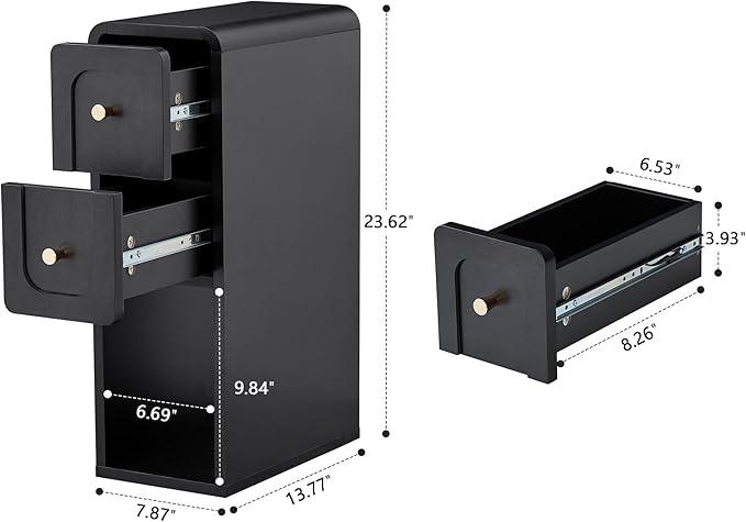 Narrow Nightstand with 2 Drawers, Small Bedside Tables, Mid-Century Modern Slim Night Stand with Storage, Wooden End Table for Small Spaces, Bedroom, Living Room (Black-1PCS)