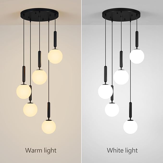 Modern Black Pendant Light Hanging Fixture Light for Kitchen Island Mid Century with Globe Pendant Light Milk White Glass Pendant Lighting for Living Room Bedroom Entryway (5 Lights)