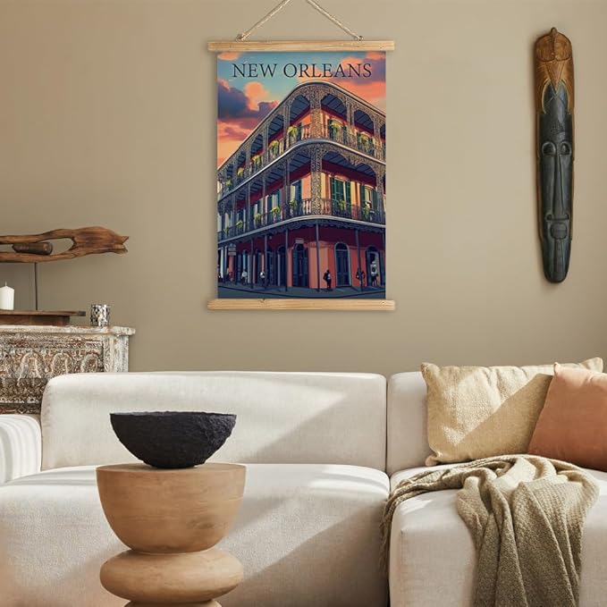 WREVERW Vintage New Orleans Poster Canvas Print with Wooden Hanger Frame, Featuring French Quarter Architecture and Iconic Iron Balconies, Wall Art for Home and Office Decor, 16x23 inches