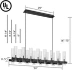 54 Inch Black Chandelier Linear with Clear Glass Shade, 16-Lights Modern Farmhouse Ceiling Pendant Hanging Light Fixture Over Table, for Dining Room, Kitchen Island