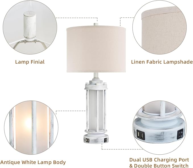 25" Rustic Table Lamps Set of 2, Vintage Nightstand Lamps with 2 USB Ports, Farmhouse Antique White Desk Lamp with Glass Night Light for Living Room Bedroom Dorms, 4 Bulbs Included