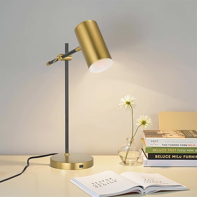 Modern Black and Gold Desk Lamp, Minimalist Industrial Table Lamp with Swing Arm, Gold and Black, for Study Room Home Office Bedroom Bedside Nightstand