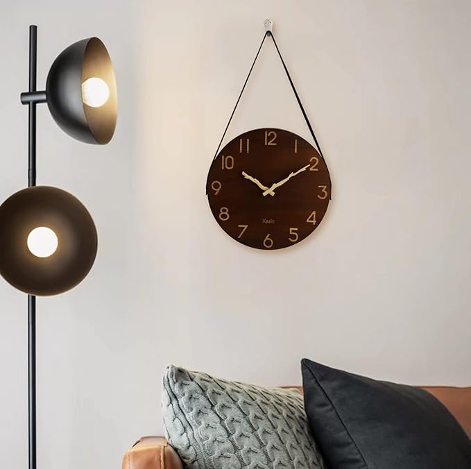 Kesin Wall Clock 10 Inch Silent Wooden Wall Clock Battery Operated Hand Made Retro Fashion Clock with Rope Hanging Decorative for Living Room,Kitchen,Bedroom,Office