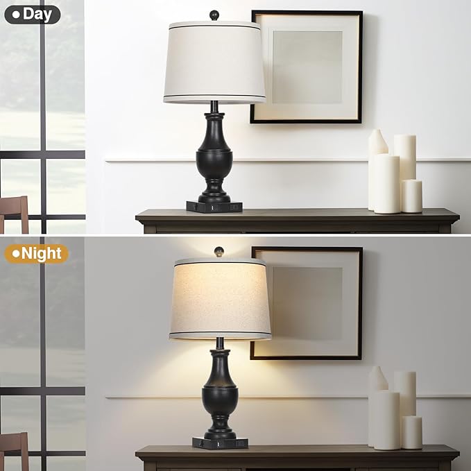 Table Lamps for Living Room Set of 2, Farmhouse Vintage Table Lamp with USB A+C Charging Ports & AC Outlet, 25" Black Rustic Traditional Lamps for Bedroom Nightstand Desk(2 LED Bulbs Included)
