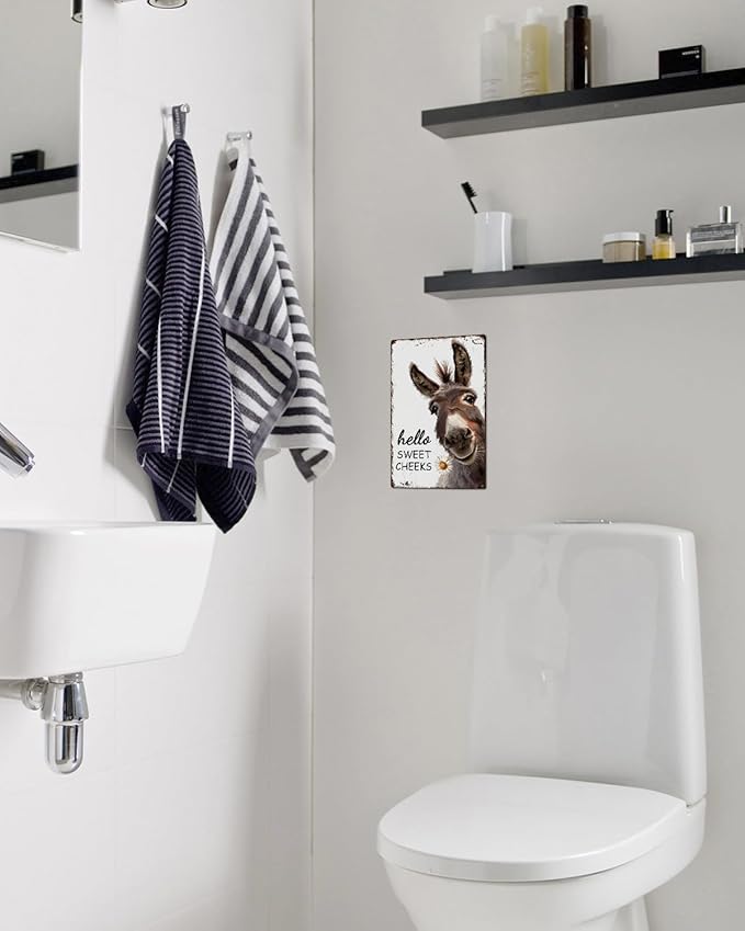 ALKB Western Bathroom Decor Vintage Donkey Gift - Funny Bathroom Restroom Toilet Decoration - Hello Sweet Cheeks Metal Sign 8x12 Inch