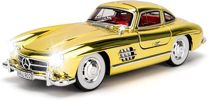 1/24 300SL Diecast Car Model Toy, Collectible 300SL Vintage Car with Sound and Light, Zinc Alloy Pull Back Toy Vehicle for Adult Boys Girls (Yellow)