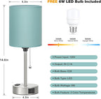 Teal Bedside Lamp for Nightstand - 3 Color Temperature Table Lamp with USB C and A Ports, Pull Chain Lamp for Bedroom with AC Outlet, Coastal Desk Lamp with Silver Metal Base for Kids Girls