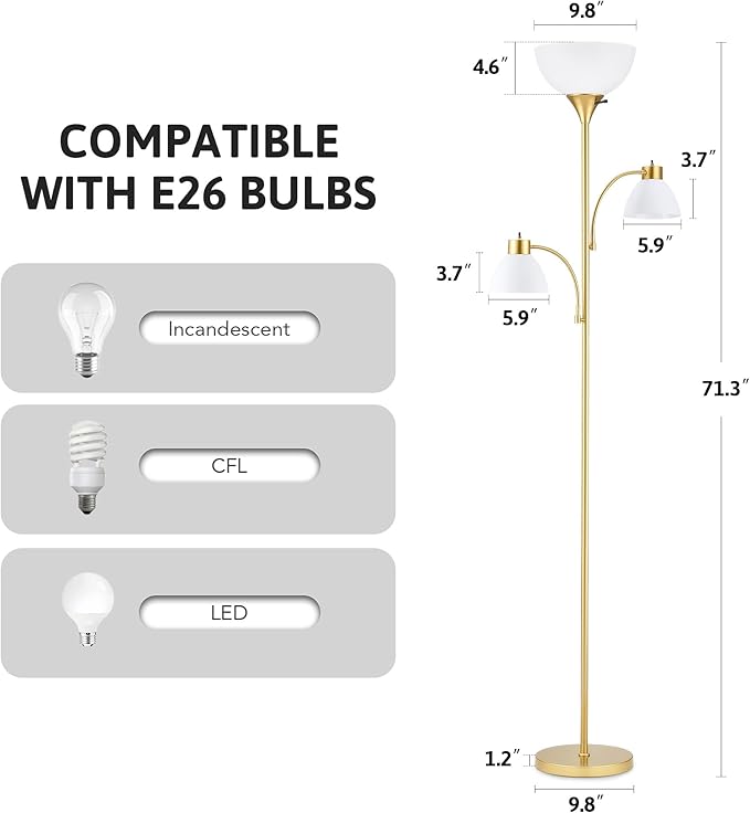VONLUCE 71" Floor Lamp for Living Room with Adjustable Reading Light, 3 Color Temperatures Modern Torchiere Floor Lamp with 3 Bulbs