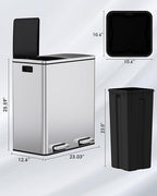 Arlopu 16 GallonStainless Steel Trash Can, 60L Dual Compartment, Metal Kitchen Step Recycle Bin, Metal Double Dustbin, in-Home Garbage Rubbish Can W/Removable Liner Buckets (Silver)