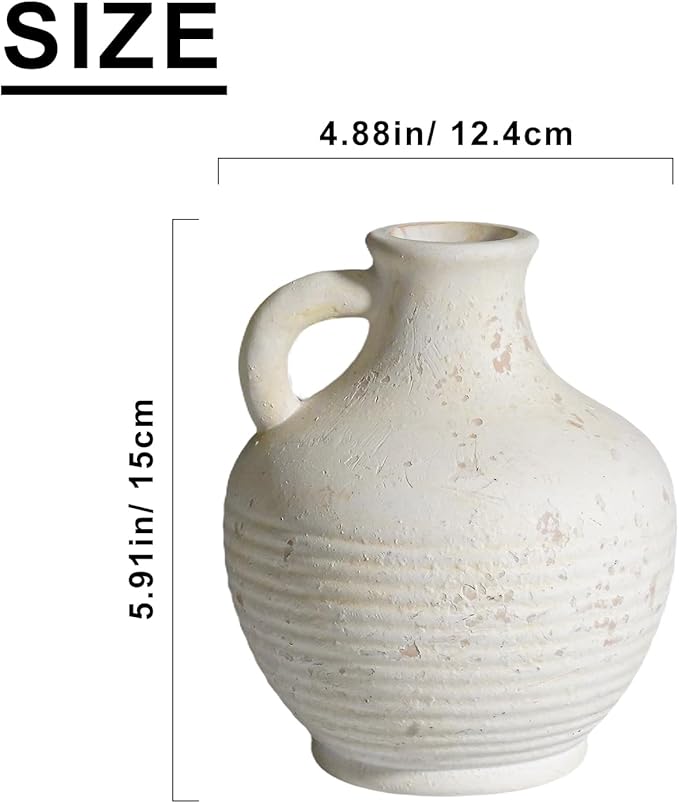Sunddo White Ceramic Vase with Handles, Rustic Farmhouse Terracotta Small Vase, Pottery Decorative Flower for Home Decor, Table, Living Room, Bathroom, Shelf, Mantel Decor