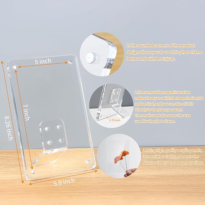 5x7 Picture Frame Clear Acrylic Magnetic Tabletop Photo Frame Frameless with Removable Magnetic Stand for Home/Office Desk/Table Picture/Note Display, 2 Pack (Clear, 5 * 7 in)