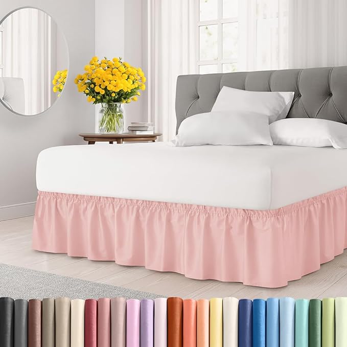 Wrap Around Dust Ruffle Bed Skirt - Baby Pink - King Size Beds w/ 15 Inch Drop - Easy Fit Elastic Strap - Adjustable Pleated Bedskirt w/Brushed Fabric - Wrinkle Free - Women, Men, Kids & Teens