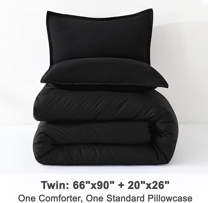 Litanika Black Twin/Twin XL Comforter Set, 2 Pieces Lightweight Solid Bedding Comforter Set, All Season Fluffy Bed Set (66x90In Comforter & 1 Pillowcase)