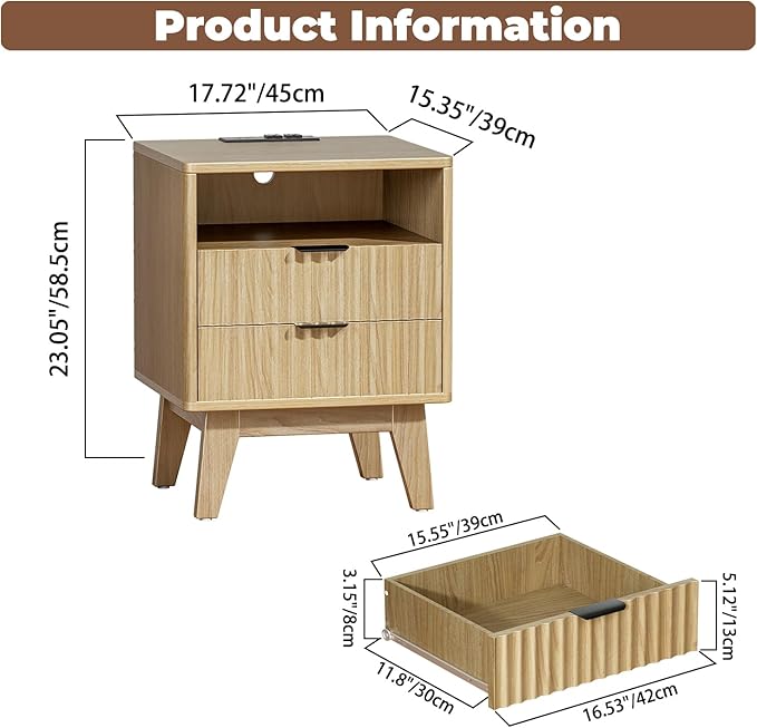 Nightstands with Charging Station, Modern Fluted 2 Drawers End Tables, Side Tables with Storage Shelf for Bedroom, Office, Natural Oak