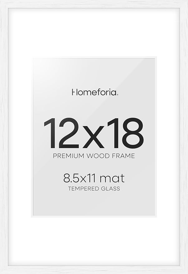 Homeforia 12x18 Frame White Wood, High End Oak 12x18 Poster Frame White with Mat 8.5x11 Print, 12 x 18 Wooden Picture Frames Matted to 8.5 by 11 Photo, 18x12 Frames, Tempered Glass, Wall Kit, Set of 1