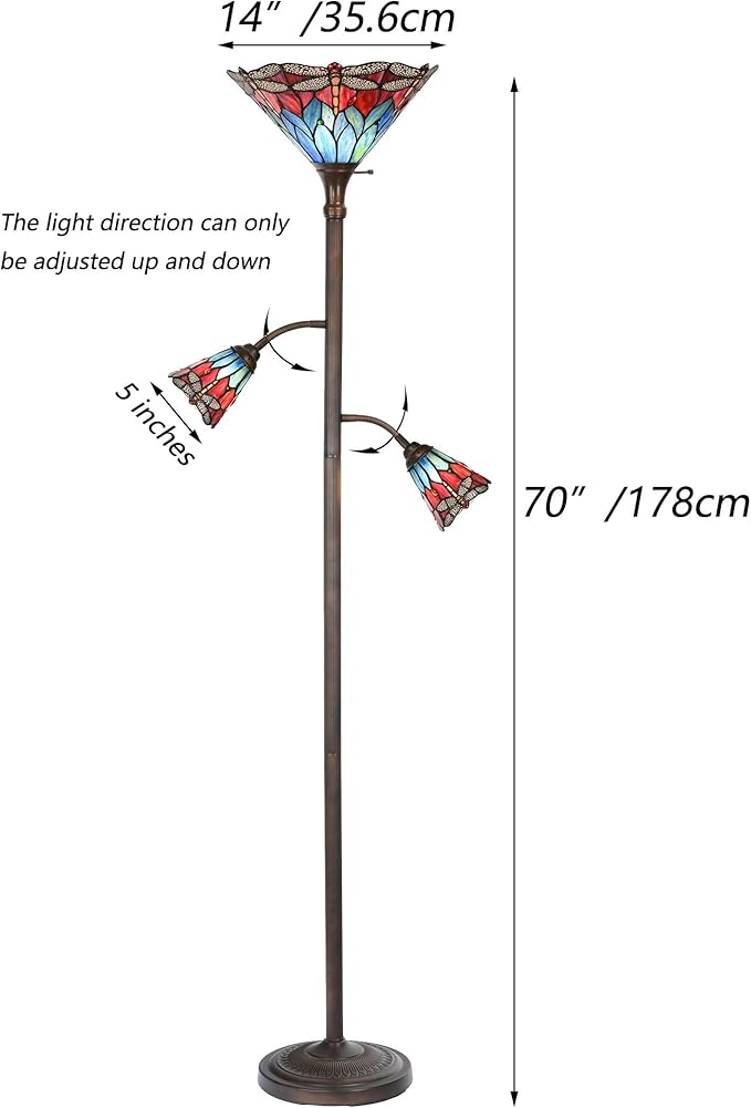 Bieye L10837 Dragonfly Tiffany Style Stained Glass Torchiere Floor Lamp with Sidelights for Reading, 70-inches Tall (Dragonfly, Red Blue)