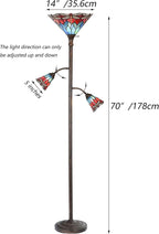 Bieye L10837 Dragonfly Tiffany Style Stained Glass Torchiere Floor Lamp with Sidelights for Reading, 70-inches Tall (Dragonfly, Red Blue)