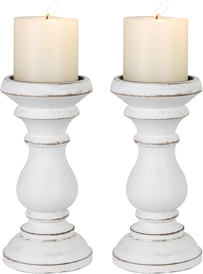 Candle Holder for Pillar Candle Set of 2, Farmhouse Wood Candle Holder, Rustic Wooden Candle Stand, Vintage Wooden Candlestick Holders Decorative for Living Room, Table Centerpiece, Antique White
