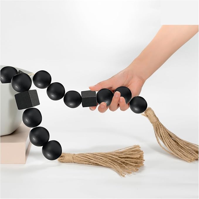 OMISHE Black Extra Large Wood Bead Garland with 1.6" Diameter Wooden Beads and Tassels, 41.5" Long Rustic Farmhouse Country Boho Decorative Beads for Home Decor Tiered Tray Decor