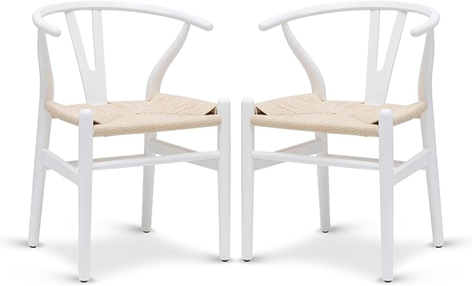 POLY & BARK Weave Dining Chairs – Mid-Century Modern Wishbone Dining Chairs with Arms, Solid Wood Frame, Indoor Use – White – Set of 2 - Ideal for Dining Room, Kitchen or Stylish Accent Setting