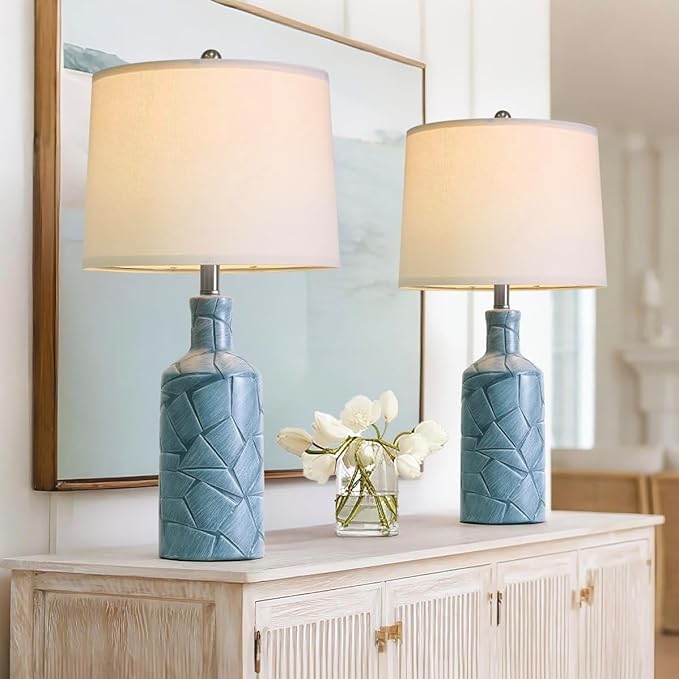 PoKat 26'' Farmhouse Ceramic Table Lamps Set of 2, Blue Bedside Lamps for Living Room, Nightstand Lamps for Bedroom Night Stands, Bedroom Lamps for Side Table End Table Hallway, Blue