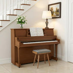 Walnut Ottoman Stool for Living Room | Upholstered in Gray Pattern Fabric | Versatile as a Piano Bench | Ideal Bedroom Bench | Functional Footstool Bench