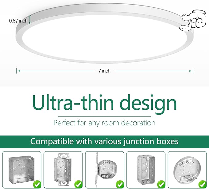 Brightever 7 Inch Flush Mount Ceiling Light, 12W 1200LM LED Ceiling Light Fixtures, 2700K/3000K/4000K/5000K/6500K Color Selectable, 0.67 Inch Ultra Thin Flat Ceiling Lights for Bedroom Kitchen Pantry